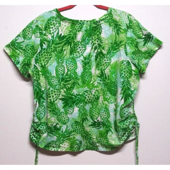 Caribbean Joe Womens Pullover Top Plus 2X Pineapple print green STRETCH cap sle - Picture 2 of 6